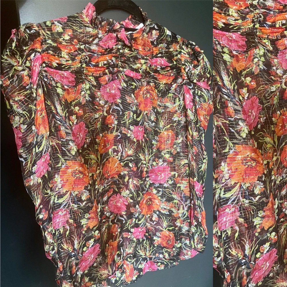 SANDRO Floral Print Mock Neck Blouse
